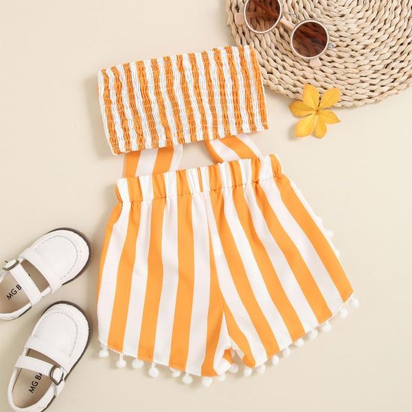 

clothing sets toddler baby girls casual 2pcs summer kids clothes set orange stripe printed sleeveless pleated crop + shorts with tassel, White