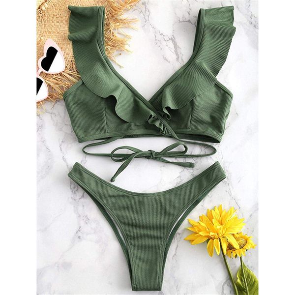 

2021 swimwear women halter push up bikini set ruffle edge swimsuit bandage swimming suit brazilian biquini female beachwear