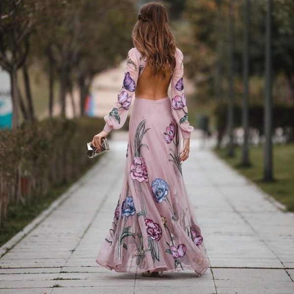 

casual dresses print backless dress for women o neck long sleeve high waist hollow out a line maxi female summer stylish x180, Black;gray
