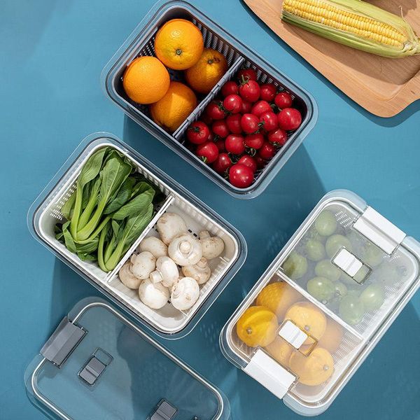 

storage bottles & jars kitchen plastic box fresh-keeping refrigerator fruit vegetable drain crisper containers with lid