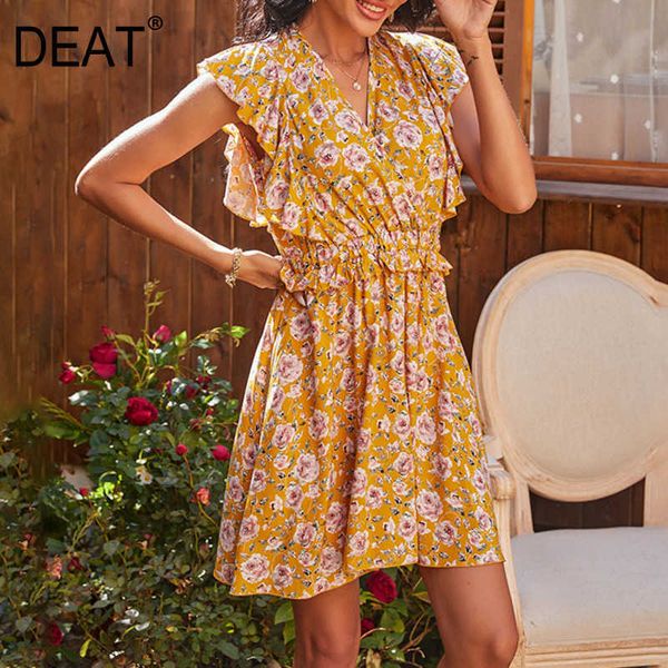 

[deat] women temperament elegant v-neck high waist sleeveless printing loose a-line dress summer fashion 13d103 210527, Black;gray