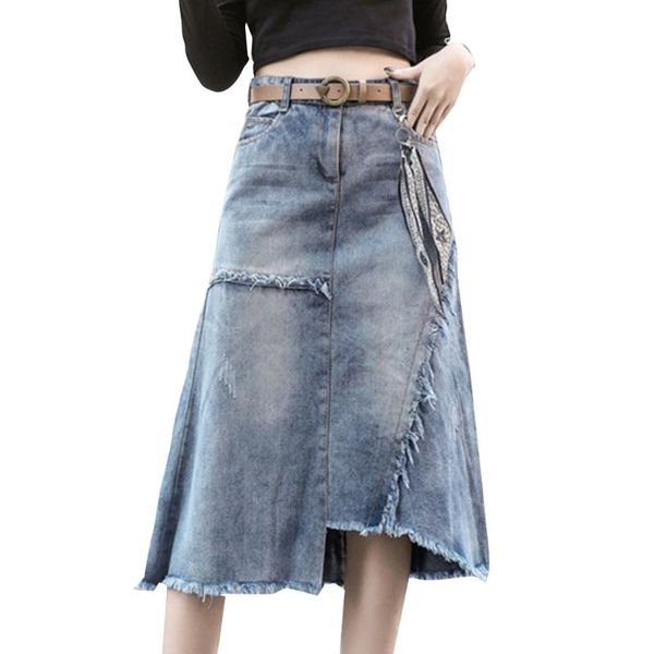 

women fringe frayed midi long denim jean skirt high waist irregular asymmetrical hem button front a-line casual loose streetwear skirts, Black