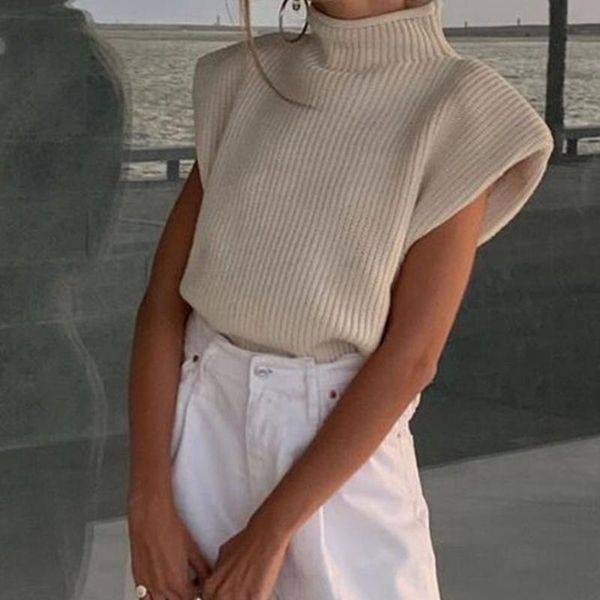 

women's vests sleeveless winter autumn fashion casual turtleneck knitted women sweater vest basic jumper shoulder pads female 2021, Black;white