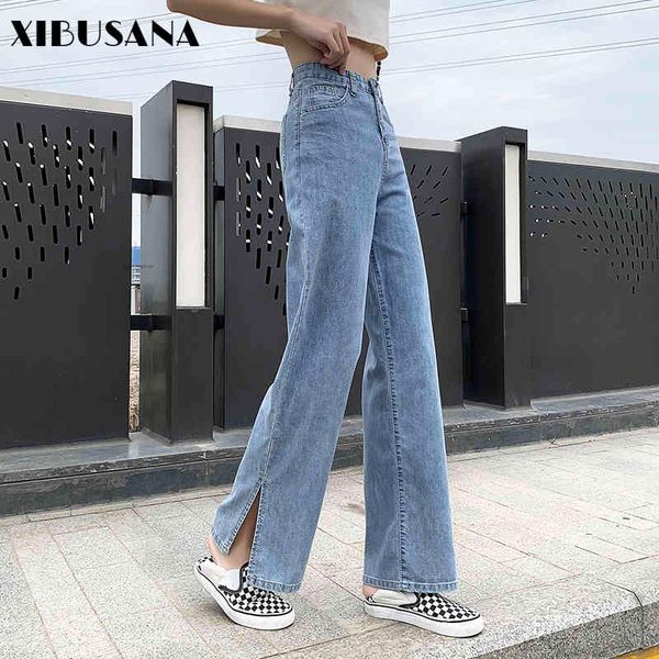 

summer women high waist split denim pants straight wide leg long length jeans lady solid color loose female 210423, Blue