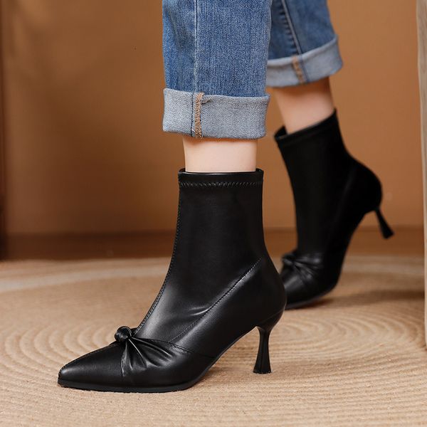 

korean version bow knot pointed elastic high heel's plush thin boots fashion, Black