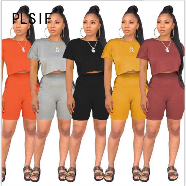 

simple pure color o neck short sleeve crop and 2 pieces set casual lady fashion tracksuits women's, Gray