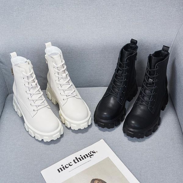 

boots women genuine leather motorcycle platform thick med heel ankle round toe lace up ladies autumn booties woman, Black