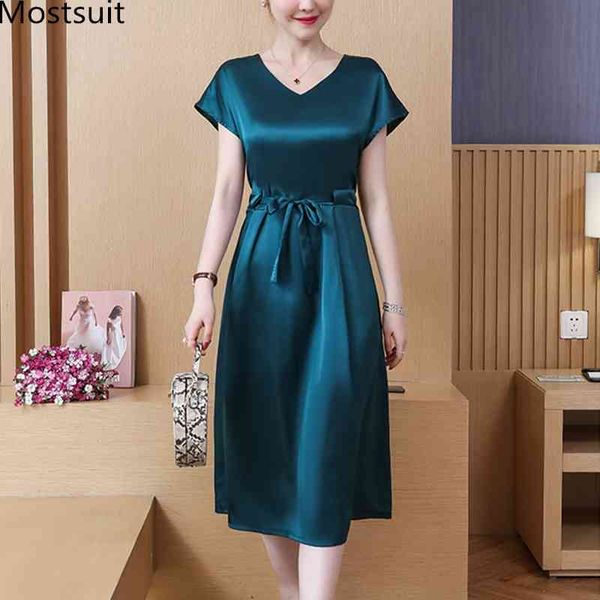 

l-5xl summer satin long dress with belt women plus size short sleeve v-neck a-line dresses korean vintage office party vestidos 210514, Black;gray