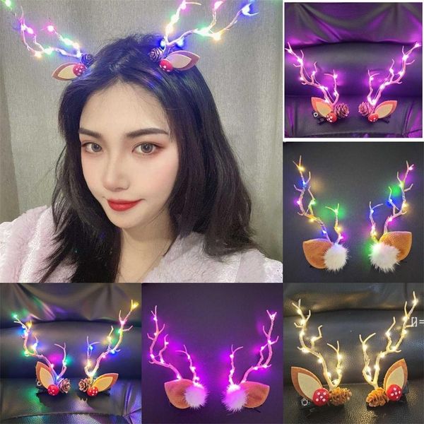 Colorful LED Light Christmas Elk Horn Hair Pin Clips Luminoso Antler Deer Hairpin Ragazze Regalo di Natale Hairband 3D Renna Favore di partito RRA10188