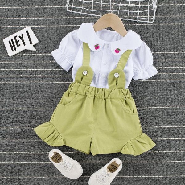 

baby toddler girls outfits sets flower neck puff short sleeve cherry embroidery t-shirt + suspender ruffle pant summer clothing, White