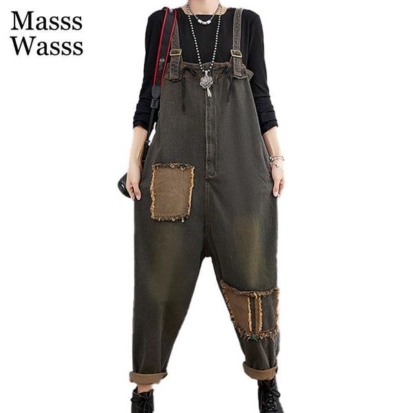 

women's jeans masss wasss womens 2021 loose patchwork autumn ladies vintage casual overalls pockets design denim pants punk trousers, Blue