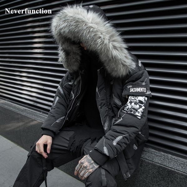 

downs winter men black fur collar embroidery feather padded parka jacket fashion streetwear oversized thick warm hooded outwear