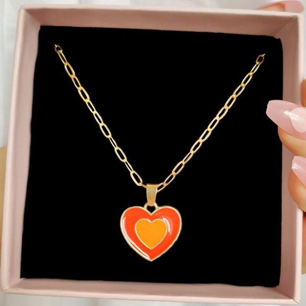 

chains ins multicolor enamel double layer heart choker necklace boho vintage drop oil charm necklaces for women summer jewelry gift, Silver