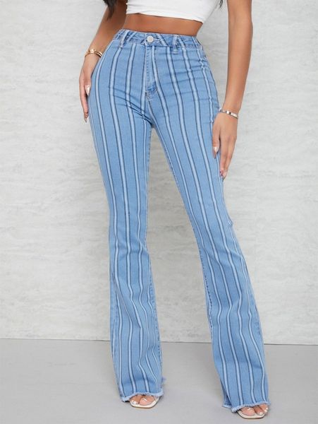 

sxy curvy high waist striped flare leg jeans g2jw#, Blue