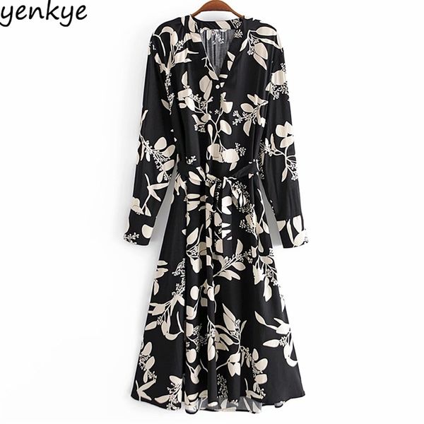 

fashion women vintage floral print dress long sleeve v neck sashes a-line midi cotton casual dresses spring autumn vestido 210514, Black;gray