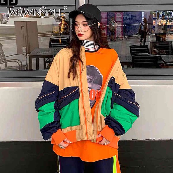 

twotwinstyle patchwork zipper casual jackets female o neck long sleeve hit color high street cotton coat for women fashion 210517, Black