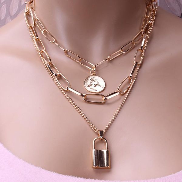 

pendant necklaces cute simple chain link lock necklace women gold color fashion goth jewelry party punk maxi collier long gift, Silver