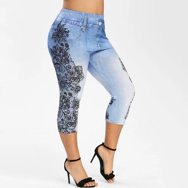 

women's jeans 3d lace print high waist leggings women pant plus size long pencil pants skinny trousers denim legging legins, Blue