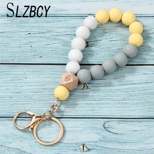 

charm bracelets women solid color silicone wooden beaded circle bracelet keychains wristlet alloy keychain fashion jewelry accessories key r, Golden;silver