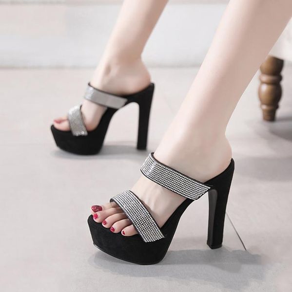 

slippers rhinestone heels women summer sandals open toe shoes woman ankle strap ladies chunky high pumps chaussure femme, Black