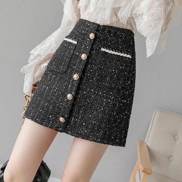 

skirts tweed single-breasted skirt for women autumn spring 2021 korean black chic high waist
