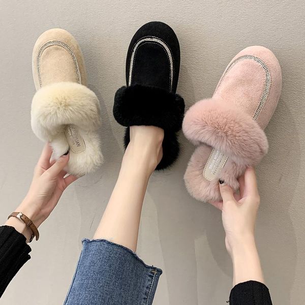 

slippers shoes plush for adults low slides slipers women fashion fur flat 2021 soft luxury autumn rome basic fabric with sho, Black