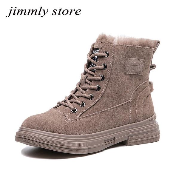 

boots winter motorcycle women warm plush snow boot cow suede rubber platform lace up punk military ladies shoe botas mujer, Black