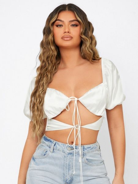 

tie front puff sleeve i1dz#, White