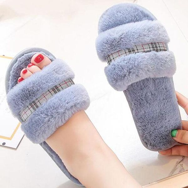 

slippers women's warm plaid accessories plush soft home indoor floor cotton shoes simple one-word open toe s586, Black