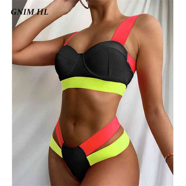 Gnim alta cintura retalhos swimwear mulheres push up biquini conjunto 2021 nova chegada maiô 2 peças de natação roupa para as mulheres biquinis x0522