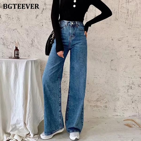 

women's jeans bgteever autumn chic loose female straight pants casual high waist pockets ladies floor-length blue denim trousers 2021