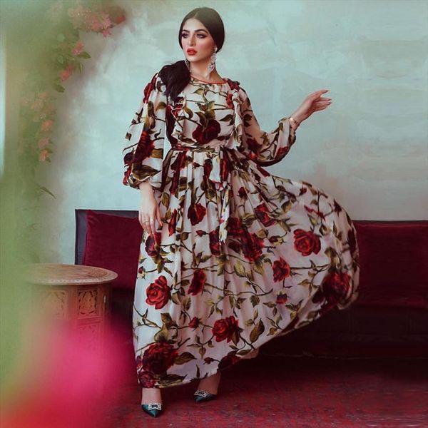 

turkish ruffled rose print womens dress bohemian maxi fall lantern long sleeve arabic dubai muslim abaya belted, Black;gray