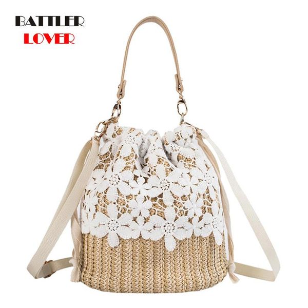 

shoulder bags flower pattern lace woven bucket for women 2021 fashion summer beach straw bag female wild crossbody handbags