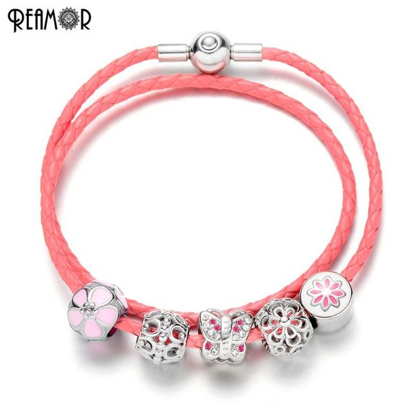 

charm bracelets reamor women crystal butterfly beads genuine leather rope chain bracelet pink beaded charms jewelry for gifts, Golden;silver