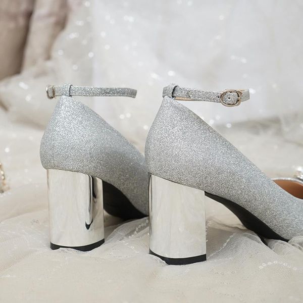

dress shoes wedding women's chunky heel 2021 maternity bridal silver color straight-line buckle strap high heels crystal, Black