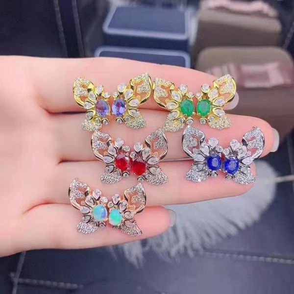 

stud natural colored gemstone s925 sterling silver butterfly earrings fine fashion weddings jewelry for women meibapj fs, Golden;silver