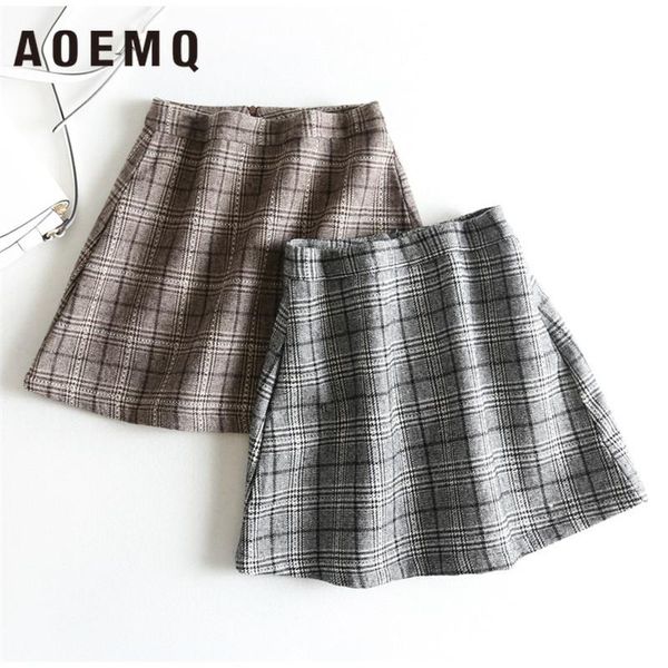

skirts aoemq retro a-shaped wild color matching england plaid woolen bag hip zipper high waist short half-length skirt, Black