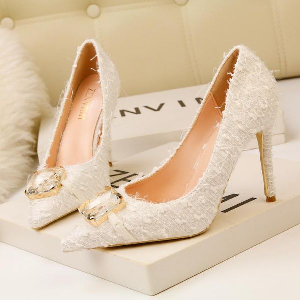 

dress shoes fashion nightclub slim stiletto high heel shallow mouth pointed shiny crystal buckle single women's, Black
