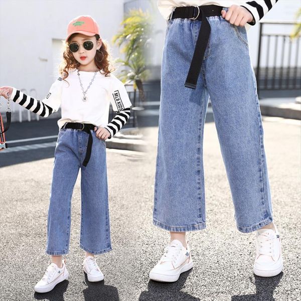 

girls jeans for kids denim pants teenage wide leg 10 12 year elastic high waist children trousers pantalon, Blue