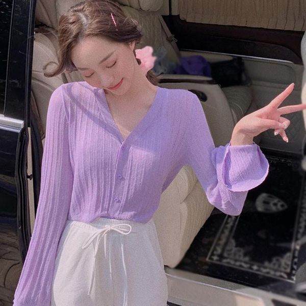 

women's jackets summer anti-uv shirt lightweight breathable thin knit cardigan fashion trumpet sleeve short outwear, Black;brown