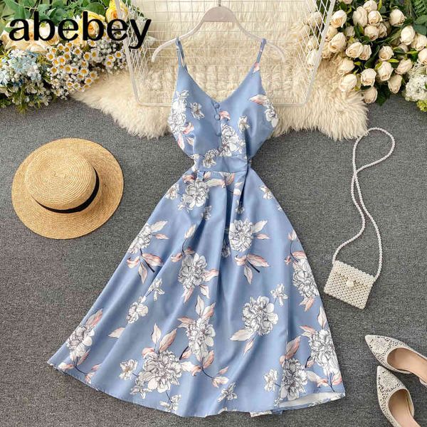 

boho v neck floral print slim spaghetti strap midi long summer casual party women a-line beach holiday dress 210512, Black;gray