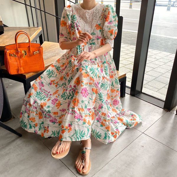 

woman dress floral loose waist dresses half sleeve o-neck lace casual clothing summer korean fashion cute sweet girls, Black;gray