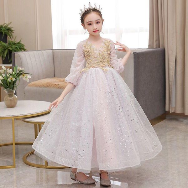 

girl's dresses flower girl illusion v-neck embroidery beading sequined three quarter princess floor-length tulle kids party gown h403, Red;yellow