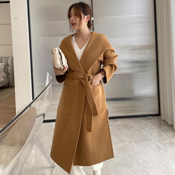

women's wool & blends winter coat long hooded cashmere 2021 autumn and belt fashion elegant jacket, Black
