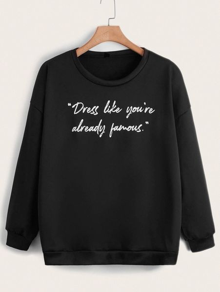 

plus slogan graphic drop shoulder pullover x0fl#, Black