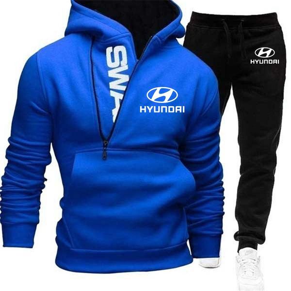 

jogging clothing 2021 autumn winter hyundai motor logo print fleece cotton men zipper pullover+pants casual sports hoodie set, Black;red