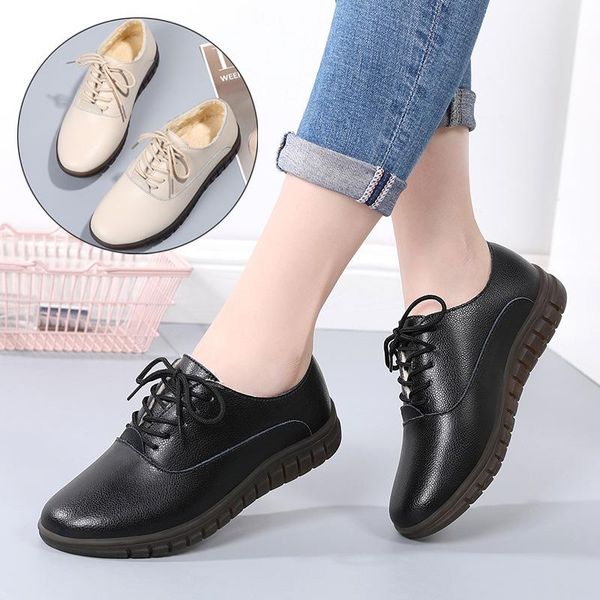 

dress shoes autumn winter women's comfortable soft sole casual mother leather women plush warm platform single shoe big size, Black