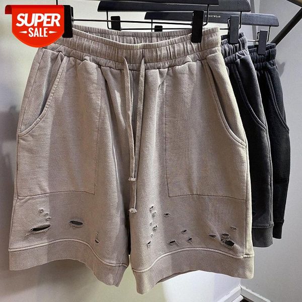 

american street washed and worn out five-point pants men's loose solid color thread stitching hip-hop terry shorts #qn9y, Black
