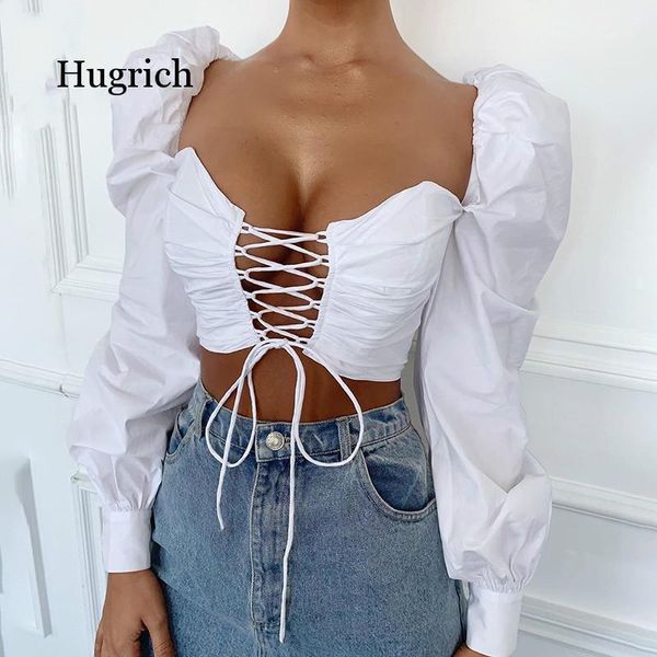 

women summer cotton bandage blouse big long slush lantern sleeve adjustable lace up strap crop white
