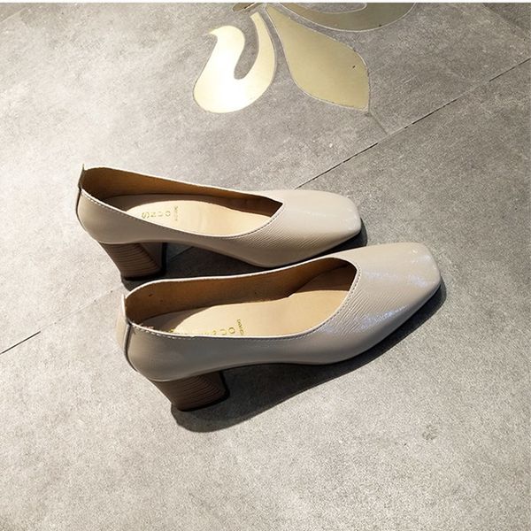 

dress shoes eooodoit moda praÃ§a toe bombas de couro sapatos femininos primavera outono macio senhora do escritÃ³rio med saltos quadrados alto, Black
